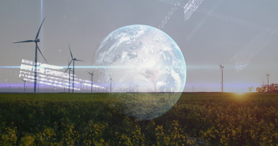 Wind turbines in field with financial data and Earth animation overlay. Renewable, energy, sustainability, environment, technology, investment