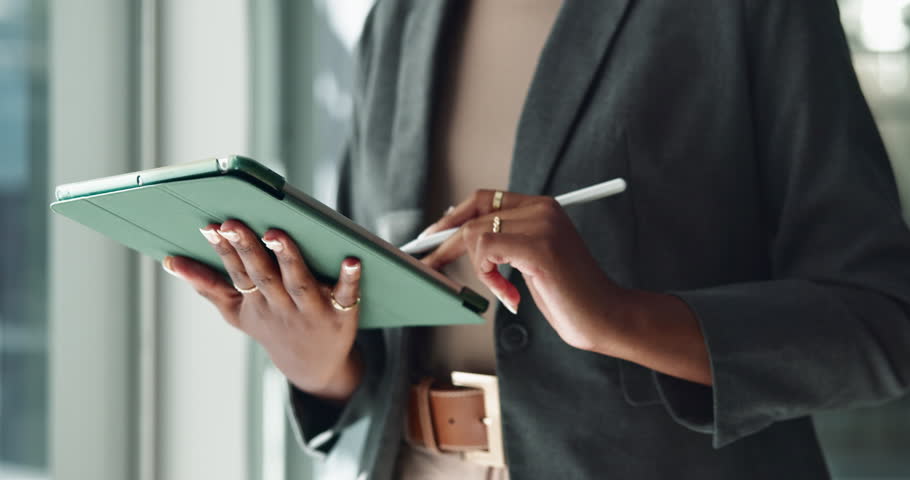 Businesswoman, writing or hands on tablet in startup for online research, planning post or social media. Notes, agenda or public relations specialist with digital technology for project on internet