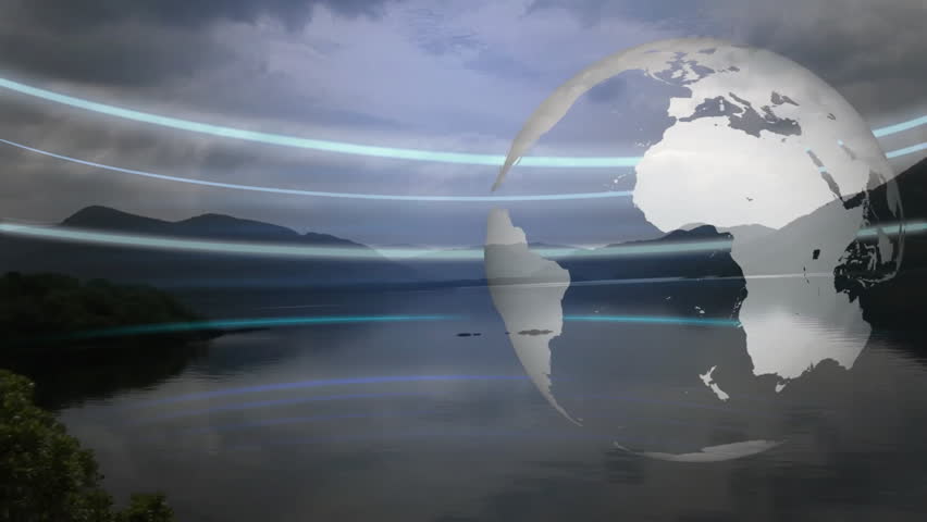 Globe and data lines animation over serene lake and mountain landscape. Technology, digital, innovation, connectivity, network, futuristic - Powered by Shutterstock - Get 15% off with code: PIKWIZARD15