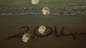 Floating lettered dice animation over sandy beach with gentle ocean waves. typography, tranquility, coastal, playful, relax - Powered by Shutterstock - Get 15% off with code: PIKWIZARD15