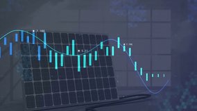 Solar panel with financial graph animation showing fluctuating data trends. Renewable, energy, technology, finance, sustainability, investment - Powered by Shutterstock - Get 15% off with code: PIKWIZARD15