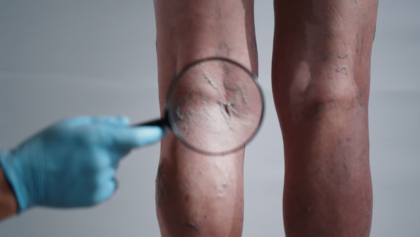 Doctor Inspecting Varicose Veins with Magnifying Glass