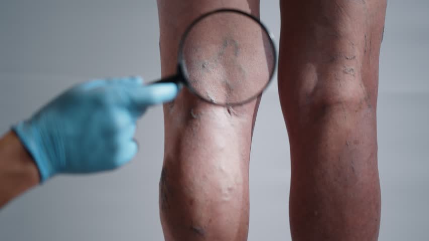 Doctor Inspecting Varicose Veins with Magnifying Glass