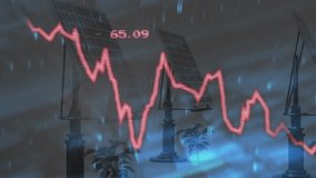 Solar panels and plants with declining financial graph animation overlay. Sustainability, renewable, energy, downturn, eco-friendly, investment - Powered by Shutterstock - Get 15% off with code: PIKWIZARD15