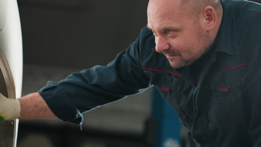 Mechanic in blue uniform using torchlight to inspect car tire in auto repair shop, focusing closely with blue lift in background, ensuring safety and maintenance in professional automotive workshop