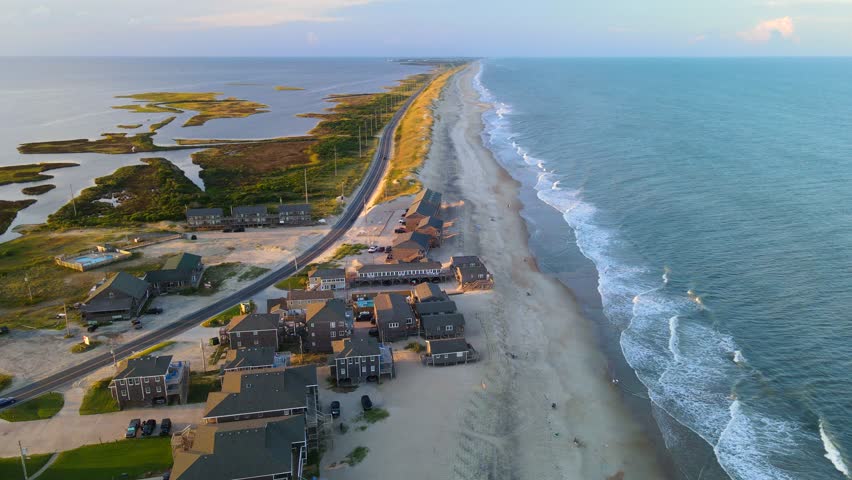 Aerial view of the coast of Cape Hatteras in North Carolina, . Coastal villas, hotels and the road.
