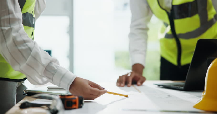 Hands, architect and floor plan with team for sketch in office, design and paper at construction company. People, engineer and documents with blueprint, drawing and laptop for property expansion