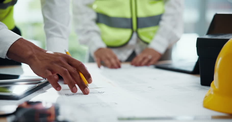 Hands, architect and blueprint with laptop in office, drawing and paper for construction at company. Person, engineer and documents for floor plan, sketch or team with discussion for property project