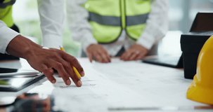 Hands, architect and blueprint with laptop in office, drawing and paper for construction at company. Person, engineer and documents for floor plan, sketch or team with discussion for property project - Powered by Shutterstock - Get 15% off with code: PIKWIZARD15