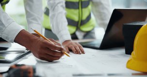 Hands, architect and blueprint with team for drawing in office, design and paper at construction company. People, engineer and documents with floor plan, sketch and laptop for property expansion - Powered by Shutterstock - Get 15% off with code: PIKWIZARD15