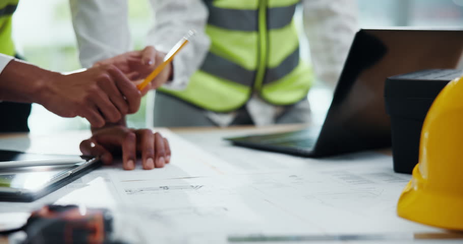 Hands, architect and blueprint with team for drawing in office, design and paper at construction company. People, engineer and documents with floor plan, sketch and laptop for property expansion