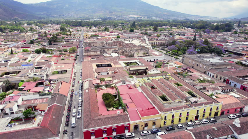 Aerial View of Antigua Guatemala Downtown, San Jose Cathedral, Central Park and Other Colonial Buildings
