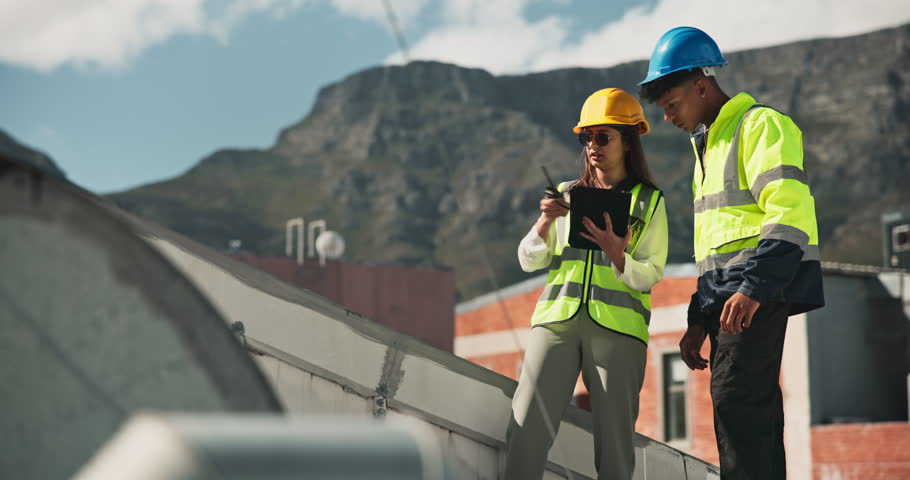 Man, woman and tablet for air conditioning, inspection and discussion with review, check and report in city. People, engineer and touchscreen with app on roof with HVAC maintenance in South Africa