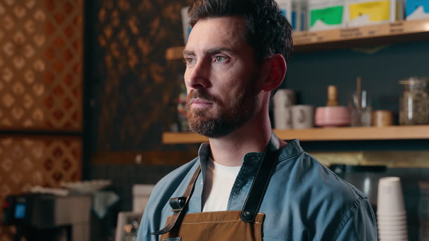 Happy Caucasian middle-aged worker smile portrait entrepreneur small business owner guy waiter man cross arms in cafe coffee shop restaurant male barista looking at camera seller posing cafeteria job