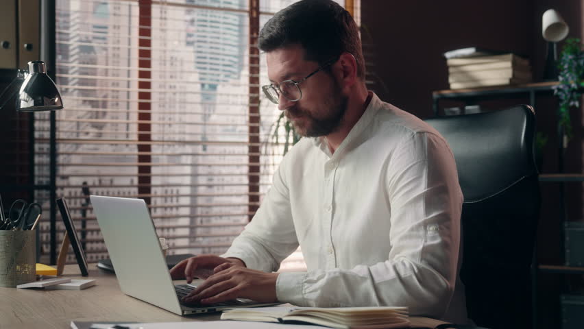 Satisfied Caucasian developer employer agent worker manager work laptop male businessman looking at camera guy trader showing okay fine gesture leader approval accept man agreeing in office business