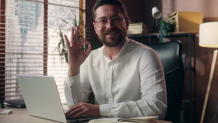Satisfied Caucasian developer employer agent worker manager work laptop male businessman looking at camera guy trader showing okay fine gesture leader approval accept man agreeing in office business