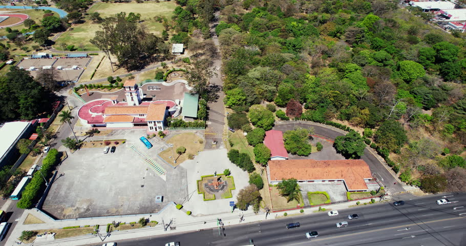 San Jose, Costa Rica. Revealing Drone Shot of La Sabana Metropolitan Park, Art Museum, Football Stadium