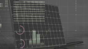 Solar panel with animation of data analytics and world map in digital interface. Solar energy, renewable, sustainability, technology, innovation, smart grid - Powered by Shutterstock - Get 15% off with code: PIKWIZARD15