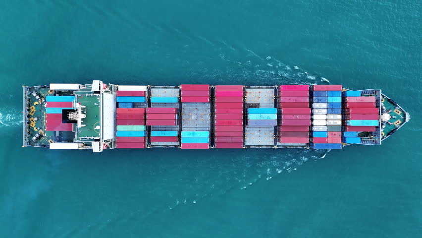 cargo ship carrying container and running for export goods from cargo yard port to custom ocean concept technology transportation. Top view