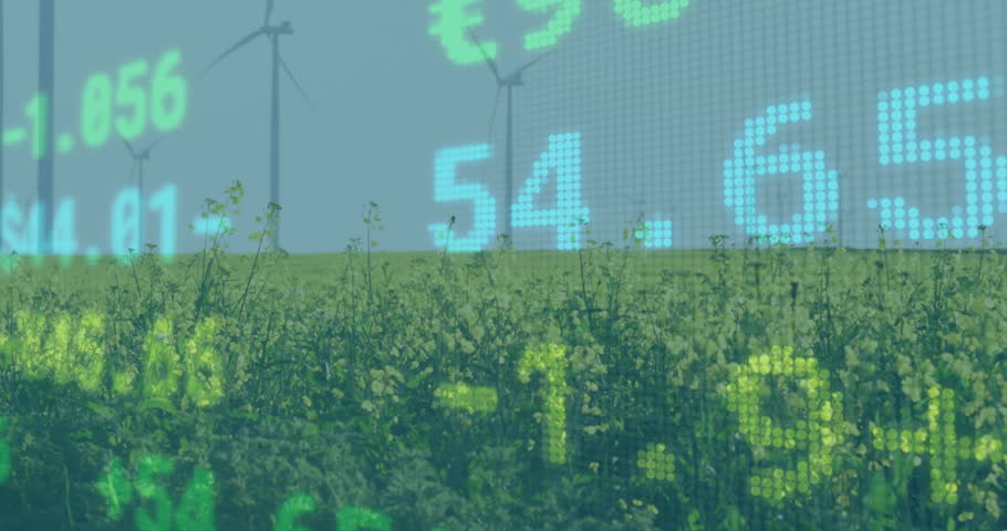 Wind turbines in field with stock market data overlay animation. Renewable, energy, sustainable, finance, growth, investment