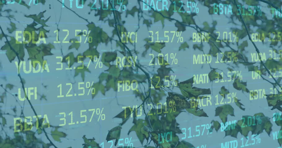 Animation of stock market data overlaying green leaves in natural environment. Sustainability, finance, analytics, growth, investment, technology