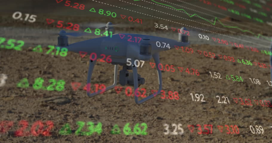 Drone flying over farmland with stock market data animation overlay. Agriculture, technology, finance, innovation, analytics, rural