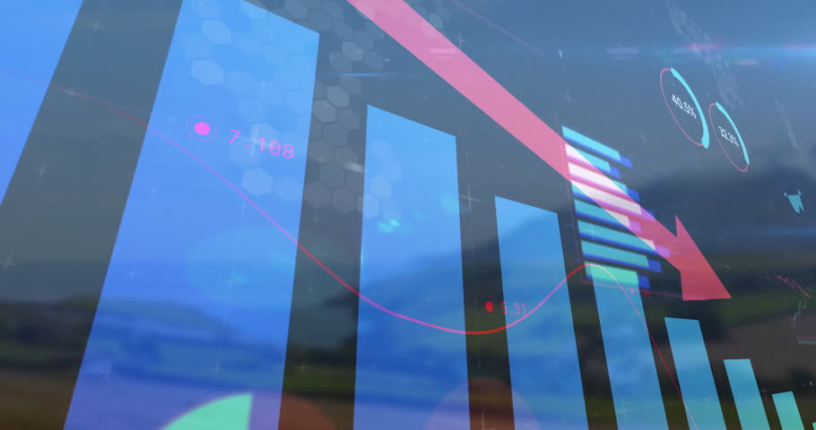 Animation of bar graph with downward arrow showing financial decline over landscape. Economy, recession, stock market, analysis, business, investment