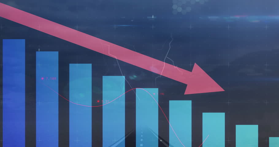 Animation of red downward arrow showing financial decline on bar graph. Economy, stock market, recession, crisis, loss, business