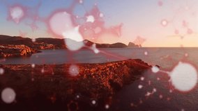 Animating red molecular structures over coastal landscape during sunset scene. Nature, technology, animation, science, futuristic, innovation - Powered by Shutterstock - Get 15% off with code: PIKWIZARD15