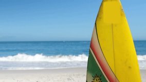 Colorful Huge Sale text animation over surfboards on sandy beach background. summer, surfing, clearance, discount, advertising, promotion - Powered by Shutterstock - Get 15% off with code: PIKWIZARD15