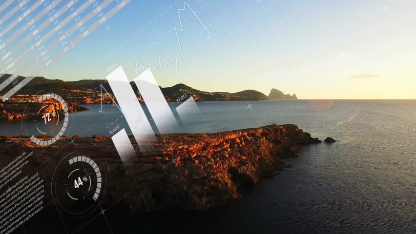 World map and data charts animation over coastal landscape at sunset. Global, data visualization, analysis, earth, network, technology - Powered by Shutterstock - Get 15% off with code: PIKWIZARD15