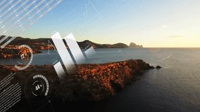 World map and data charts animation over coastal landscape at sunset. Global, data visualization, analysis, earth, network, technology - Powered by Shutterstock - Get 15% off with code: PIKWIZARD15