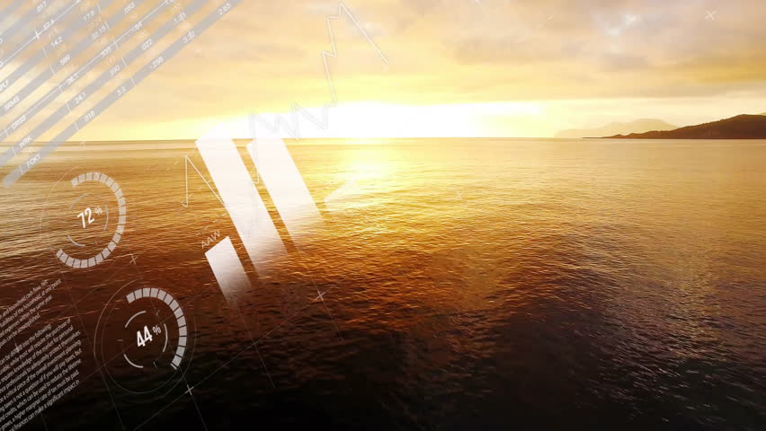 World map and pie chart animation over ocean sunset scene. data visualization, infographic, global, analysis, statistics