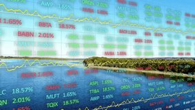 Stock market data animation over scenic view of lake and trees. Finance, economy, trading, analytics, visualization, nature - Powered by Shutterstock - Get 15% off with code: PIKWIZARD15