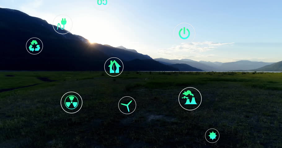 Animation of environmental icons overlaying scenic mountain landscape in school project. Nature, sustainability, conservation, ecosystem, ecology, climate