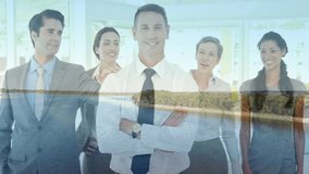 Standing confidently, diverse business team smiling by serene beach landscape. Teamwork, collaboration, diversity, leadership, professionalism, success - Powered by Shutterstock - Get 15% off with code: PIKWIZARD15