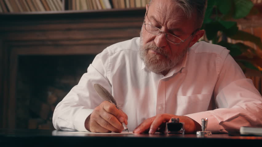 Caucasian European old man male use fountain pen businessman business office indoor mature senior writing report paper worker busy pensioner author businessperson contract text letter healthy medicine