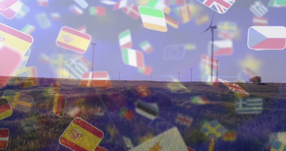 Wind turbines in field with floating European country flags animation. Renewable, energy, sustainable, power, environment, technology