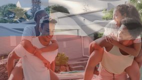 Piggyback rides by pool with Chilean flag animation overlay, young adults laughing. Friends, summer, fun, poolside, celebration, happiness - Powered by Shutterstock - Get 15% off with code: PIKWIZARD15