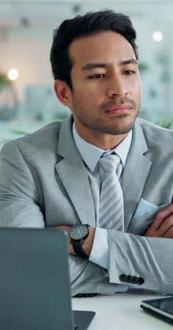 Business man, thinking and laptop for investment planning and stock market choice or problem solving. Trader, office and research for solution and trading decision at job with idea for company growth