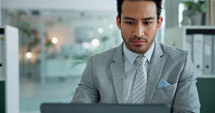 Business man, thinking and decision with reading, planning and stock market choice or problem solving. Trader, office and research for solution and administration at job with idea for opportunity