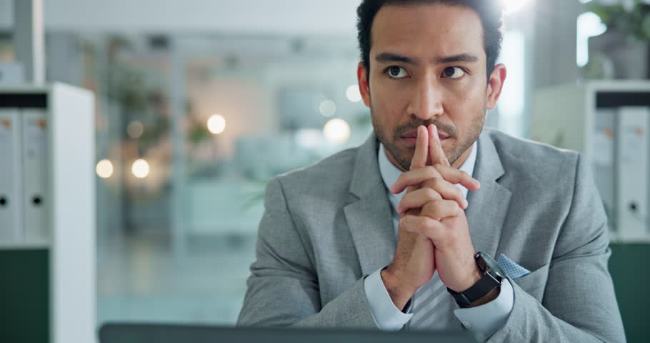 Business man, thinking and decision with reading, planning and stock market choice or problem solving. Trader, office and research for solution and administration at job with idea for opportunity