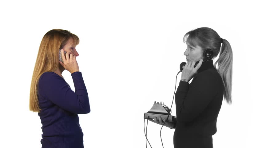 Woman on a modern cellphone talks to her counterpart in the past, a monochrome