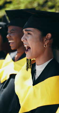 Graduates, happy woman and applause for graduation celebration, education achievement or success. Group, people or academic ceremony with diploma together and learning goals in outdoor university