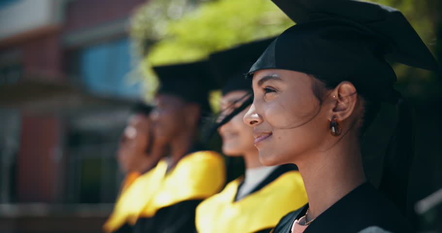 Happy, graduation and students at university for achievement, celebration or victory. Smile, friends and group of people at outdoor award ceremony for academic success with pride at college.