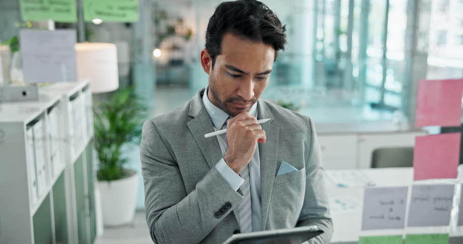 Tablet, strategy and thinking with business man in office for planning or problem solving on window. Agenda, mindmap and sticky notes with corporate employee at work for brainstorming or schedule