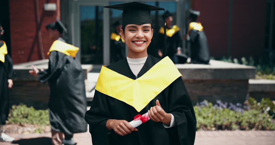 Face, happy woman or college graduation certificate on campus in university for studying achievement. Student, success or portrait of graduate with smile for education goal or scholarship in Turkey