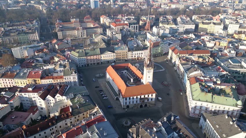 Olomouc, Czech Republic: Aerial drone footage of the famous Olomouc city hall with the Astronomical Clock in the old town upper square in Moravia.