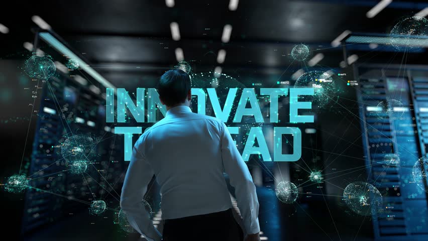 Innovate to Lead. IT Administrator Activating Modern Data Center Server with Hologram.