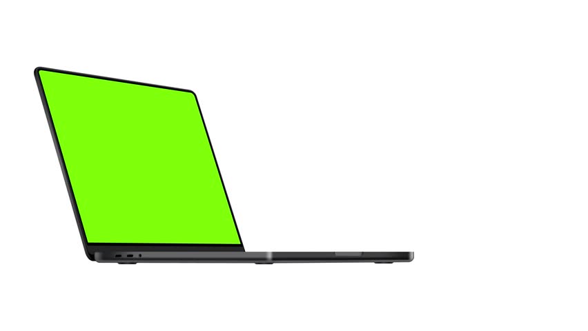 Black Laptop Mockup With Green Screen. Animated Computer With Side Perspective View, On White And Black Background